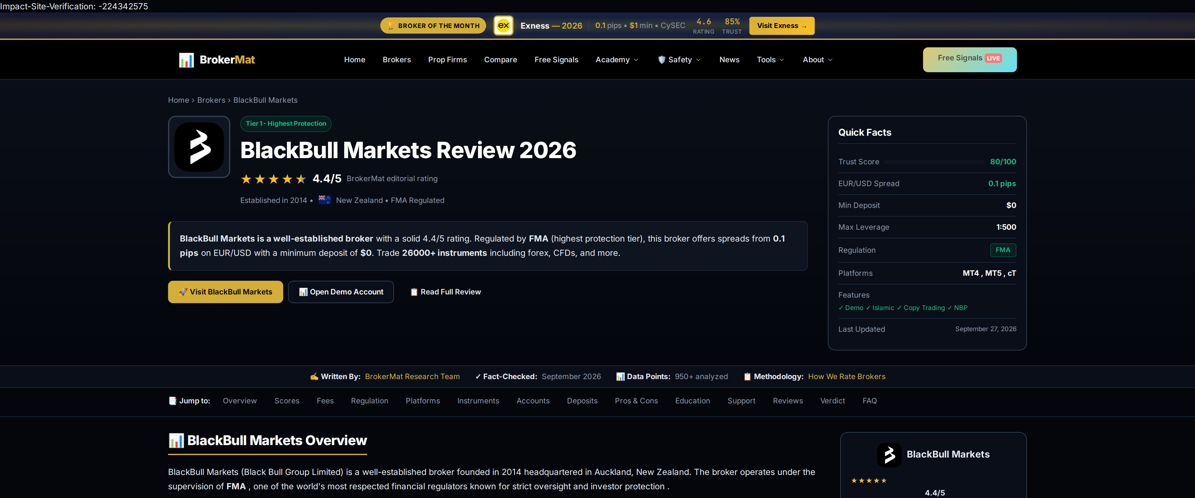 Independent review page summarising BlackBull Markets, noting its 2014 founding, Auckland headquarters and FMA regulation