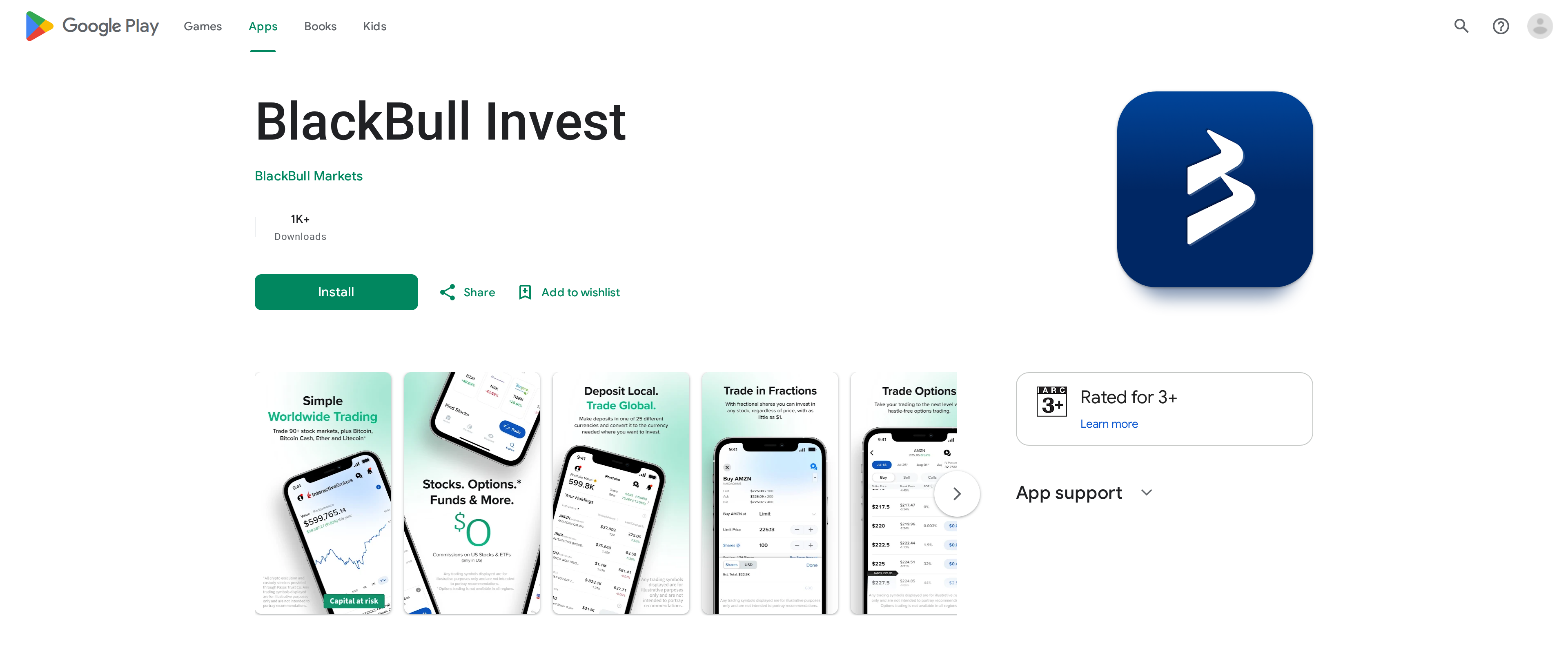 BlackBull Invest app listing on Google Play, showing the app name and About this app section