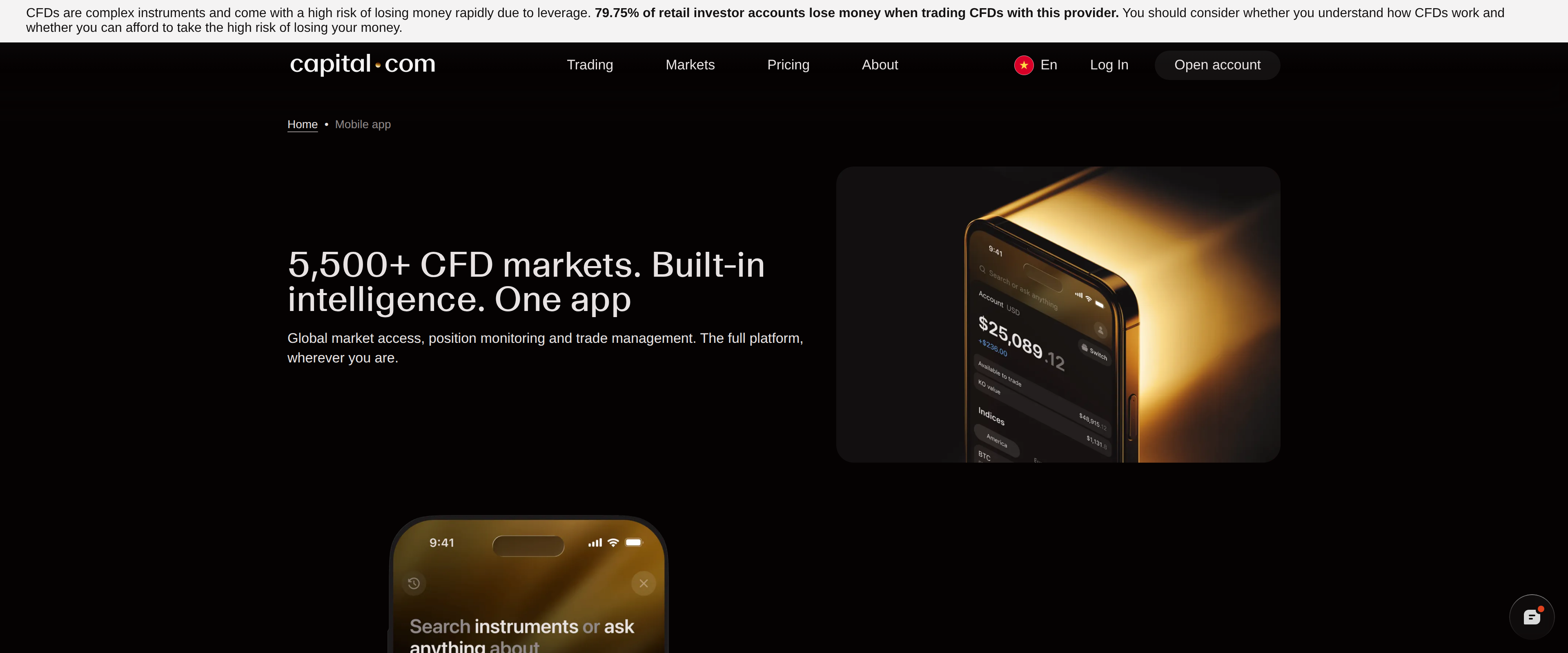 Capital.com's mobile app page advertising 5,500+ CFD markets in one app