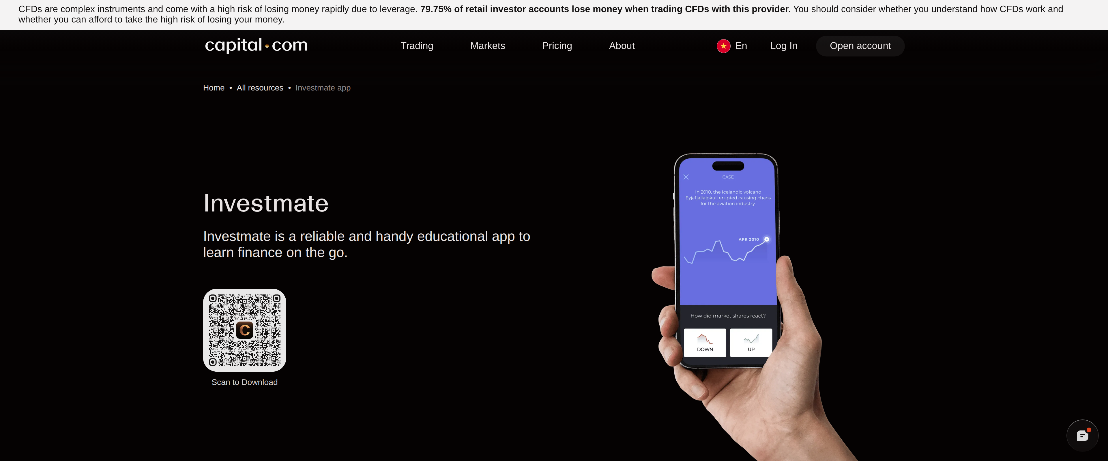 Capital.com's Investmate page describing its free app for learning finance on the go