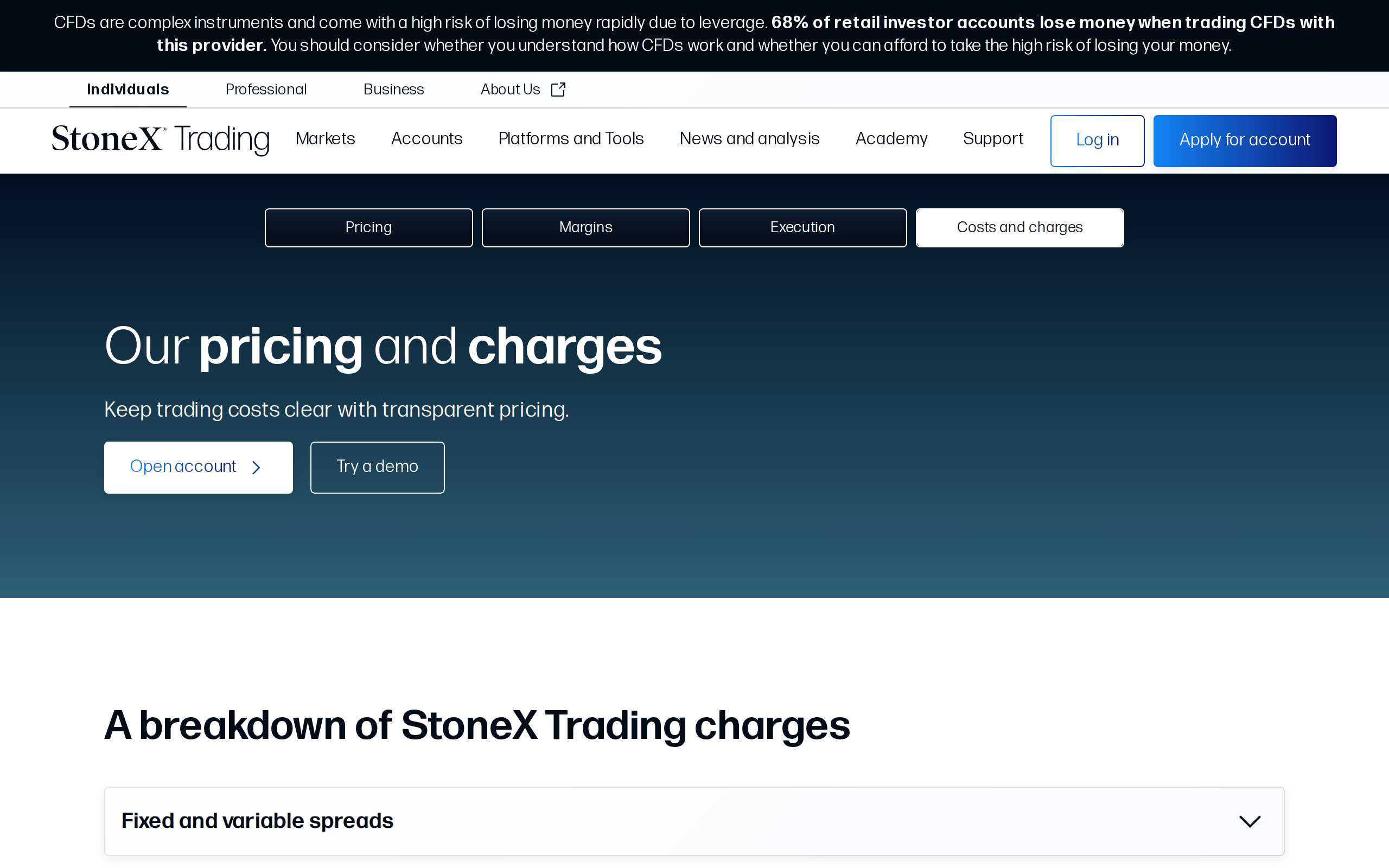 Trading Costs page heading reading Our pricing and charges above the Fixed and variable spreads section