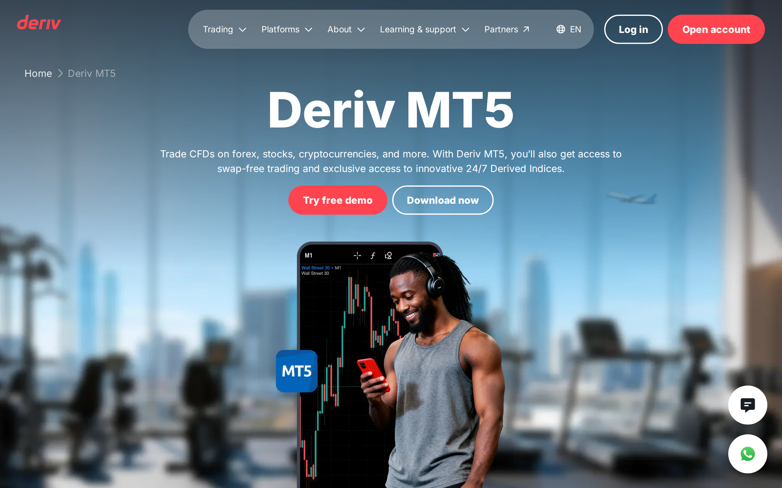 Deriv MT5 platform page headline reading Deriv MT5 describing CFD trading on forex, stocks and cryptocurrencies