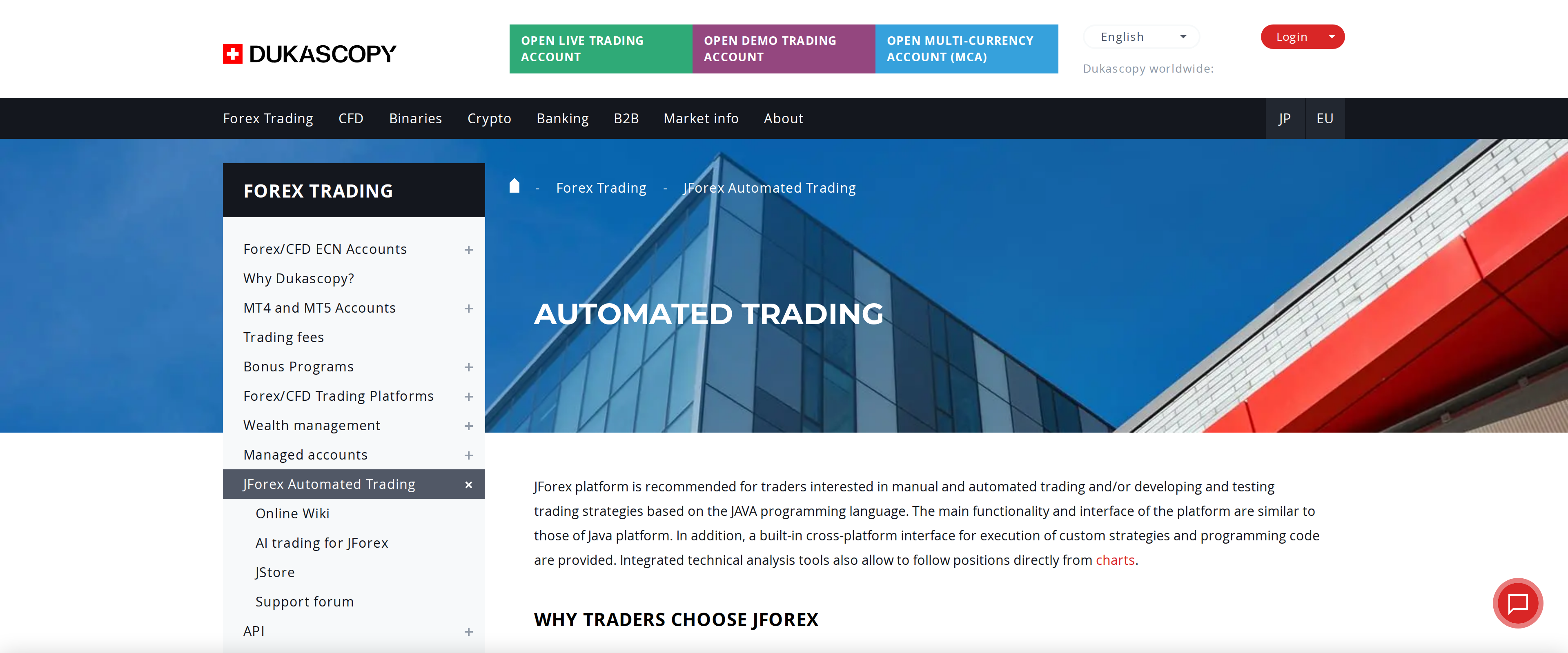 JForex automated trading page, listing why traders choose JForex