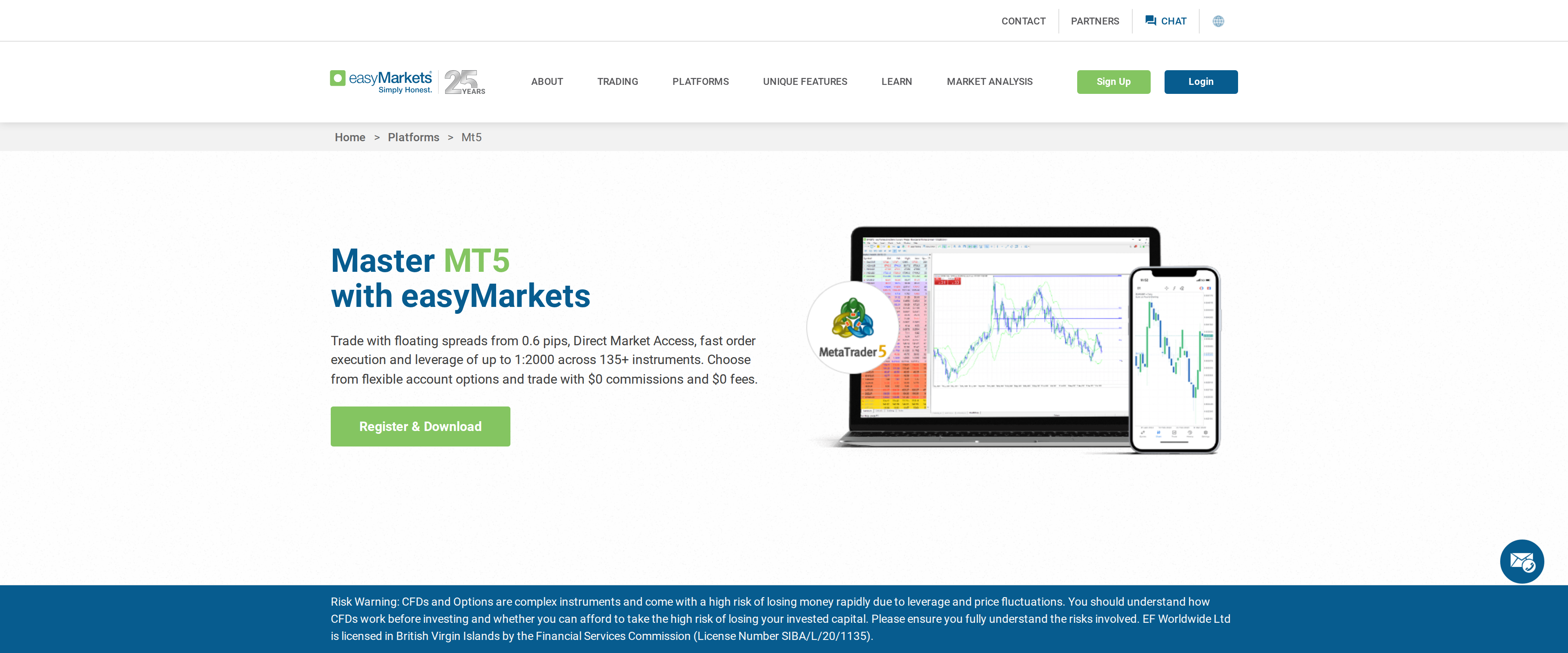 easyMarkets MT5 platform page stating floating spreads from 0.6 pips, Direct Market Access and leverage up to 1:2000 across 135+ instruments