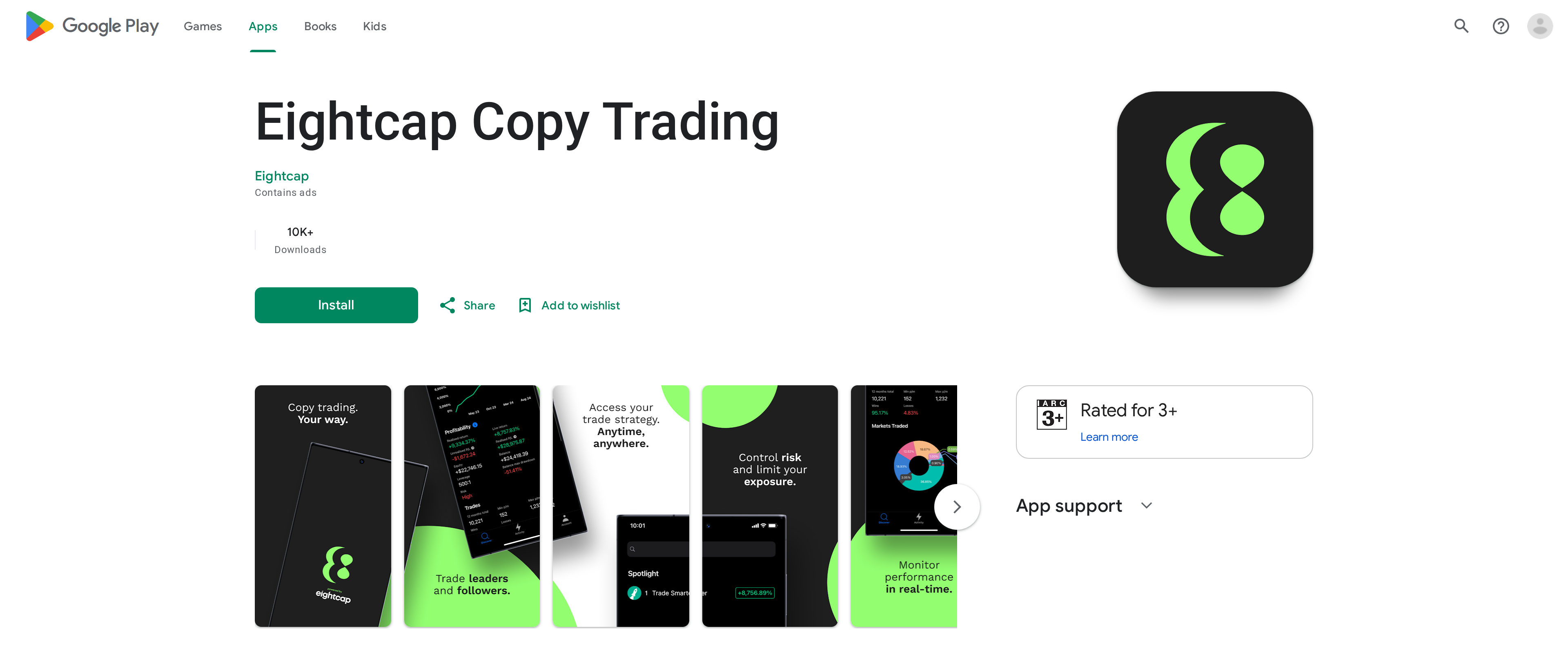 Eightcap Copy Trading app listing on Google Play with an App support section
