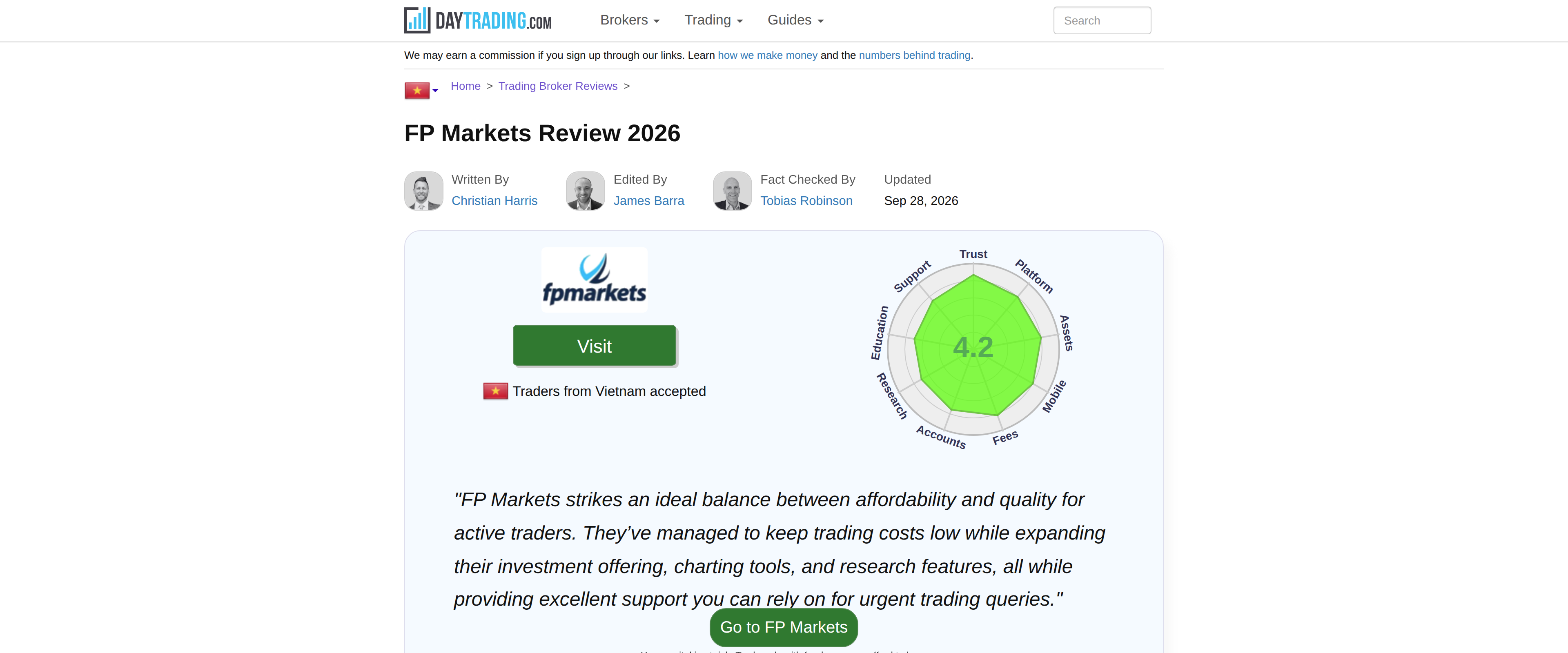 An independent trading-education site's 2026 FP Markets review page header