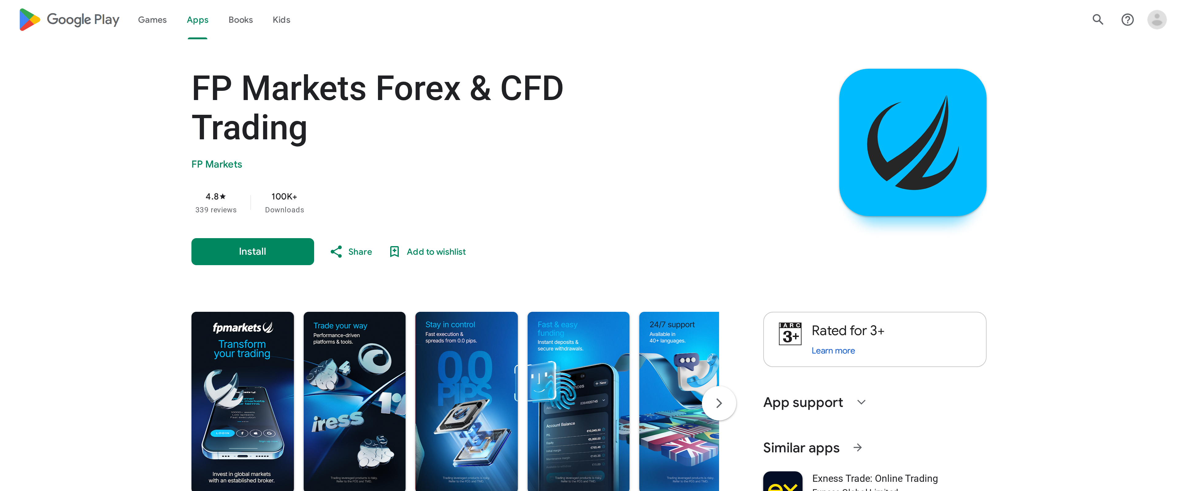 FP Markets Forex & CFD Trading app page on Google Play