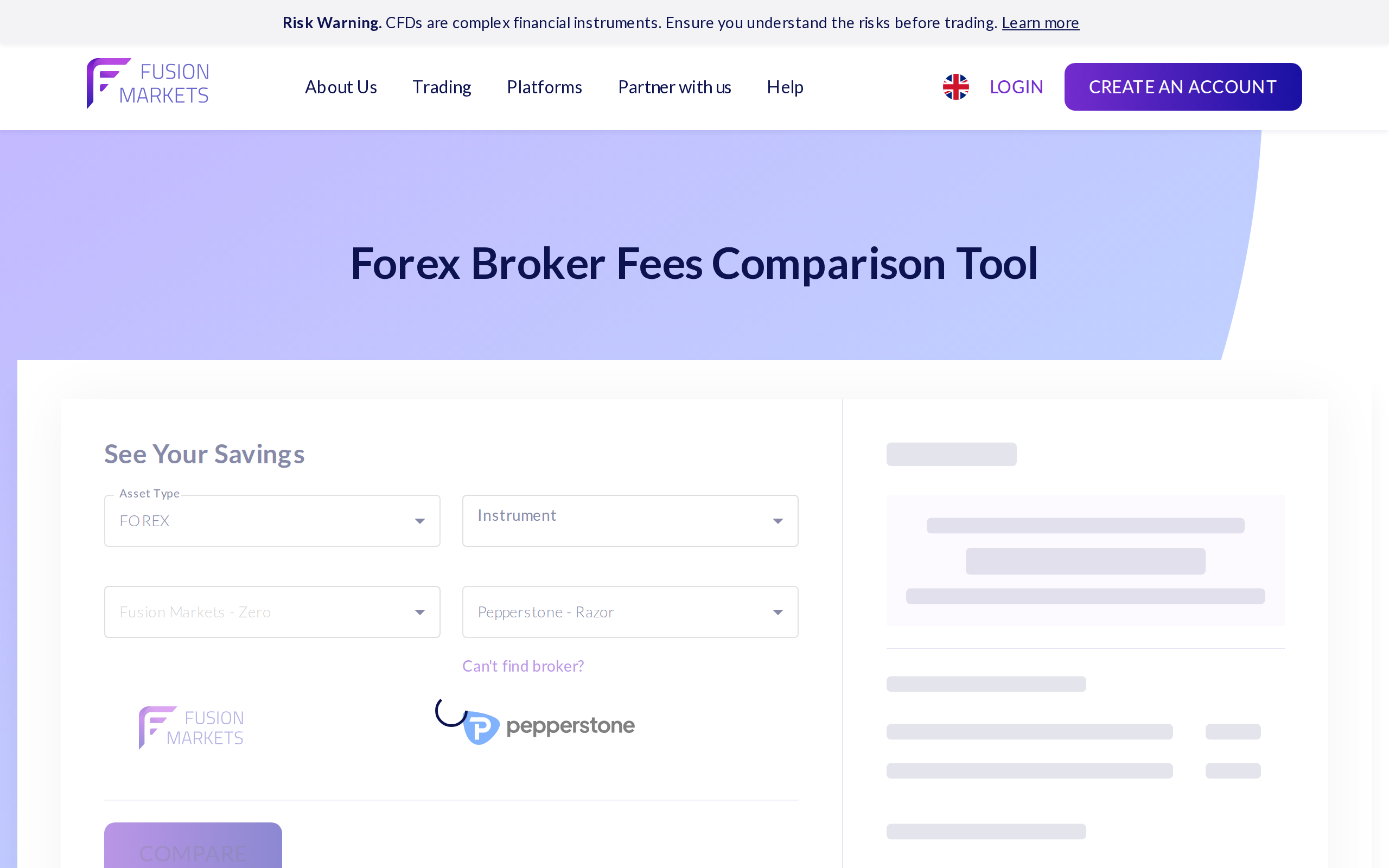 Fusion Markets broker fees comparison tool page