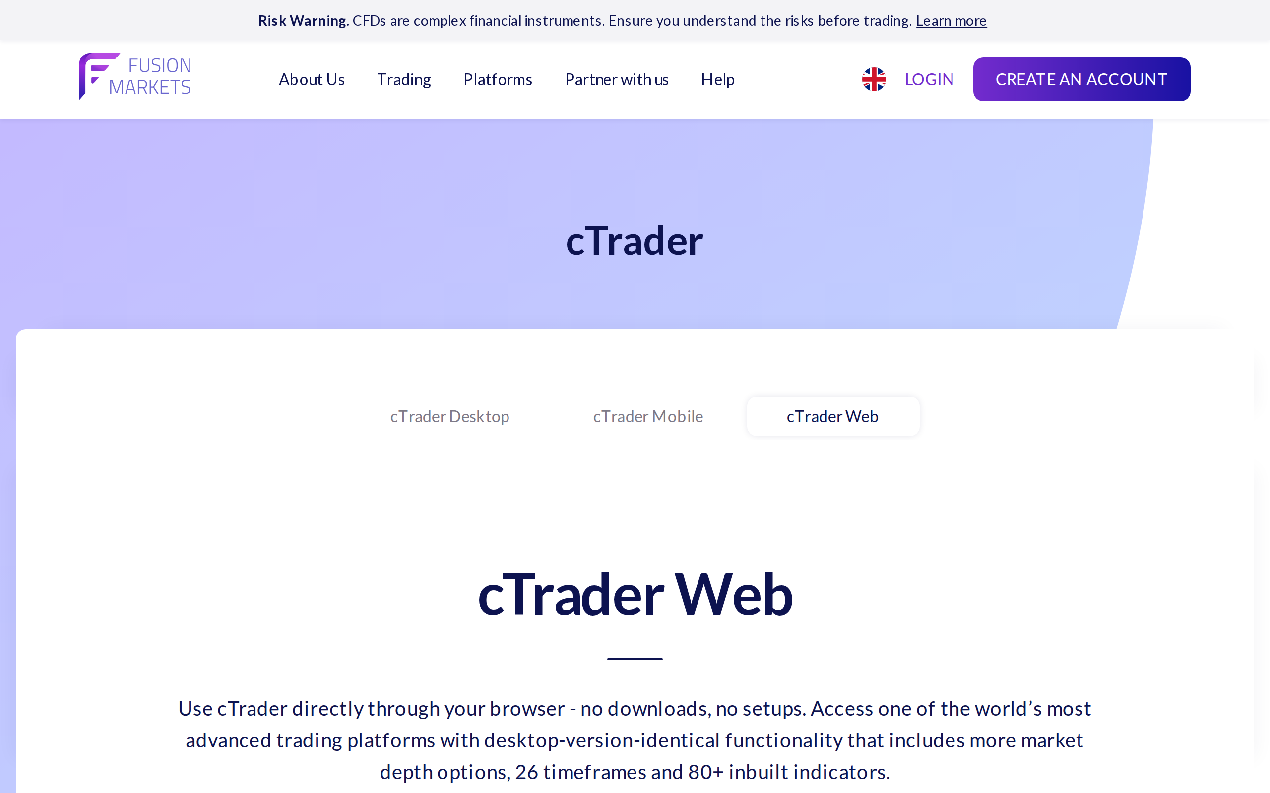 Fusion Markets cTrader Webtrader platform page describing browser-based access with no downloads
