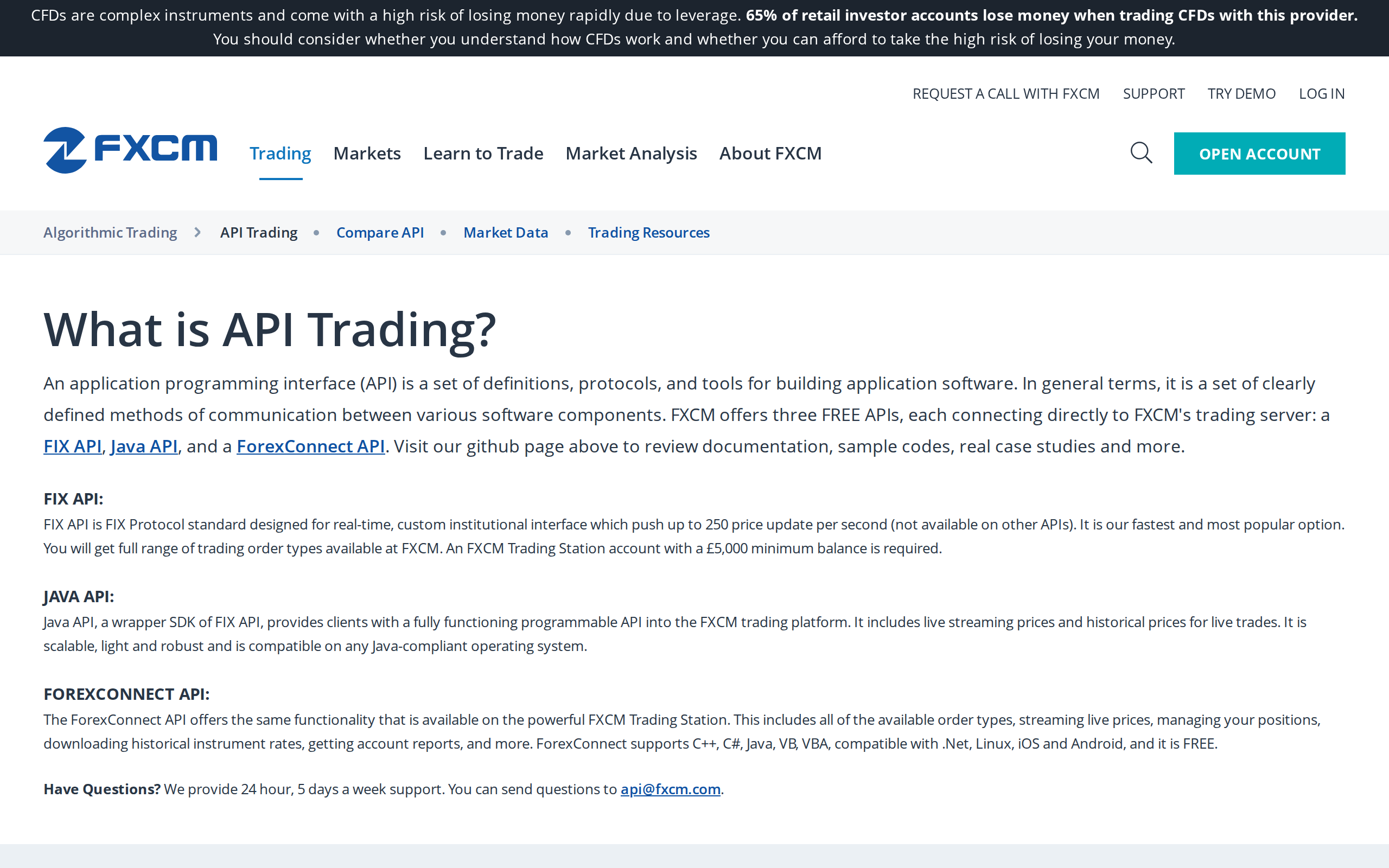 FXCM UK API trading page headline reading What is API Trading