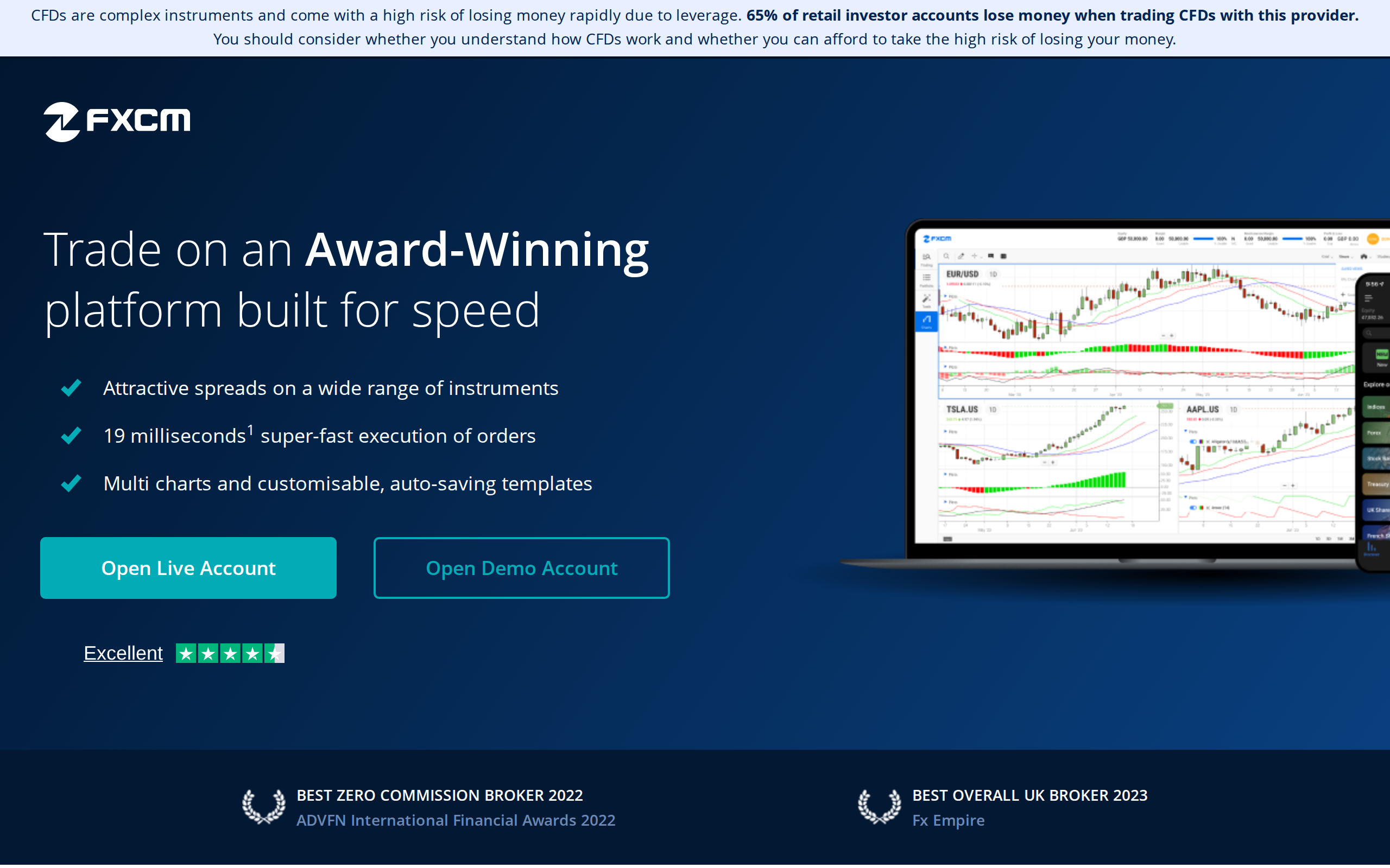 FXCM UK Trading Station page headline reading Trade on an Award-Winning platform built for speed