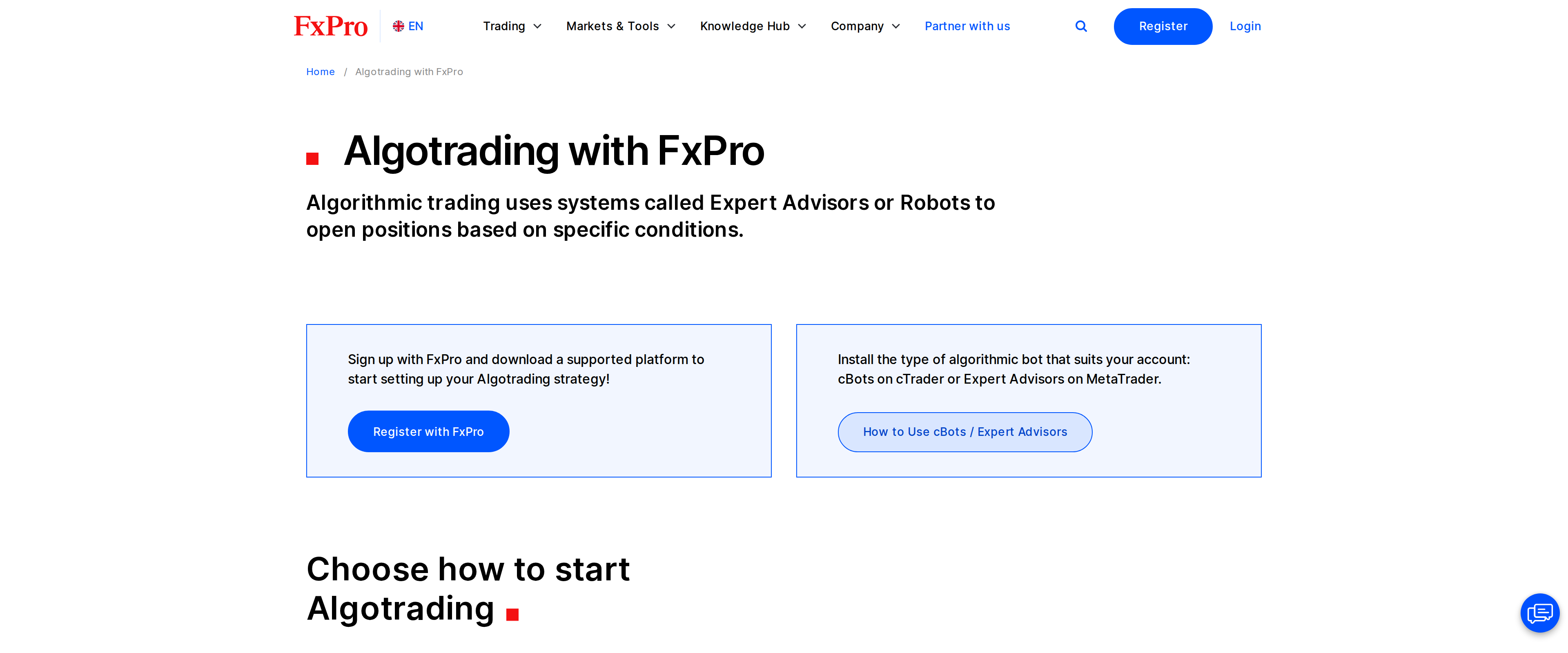 FxPro's Algotrading page describing how to install cBots on cTrader or Expert Advisors on MetaTrader