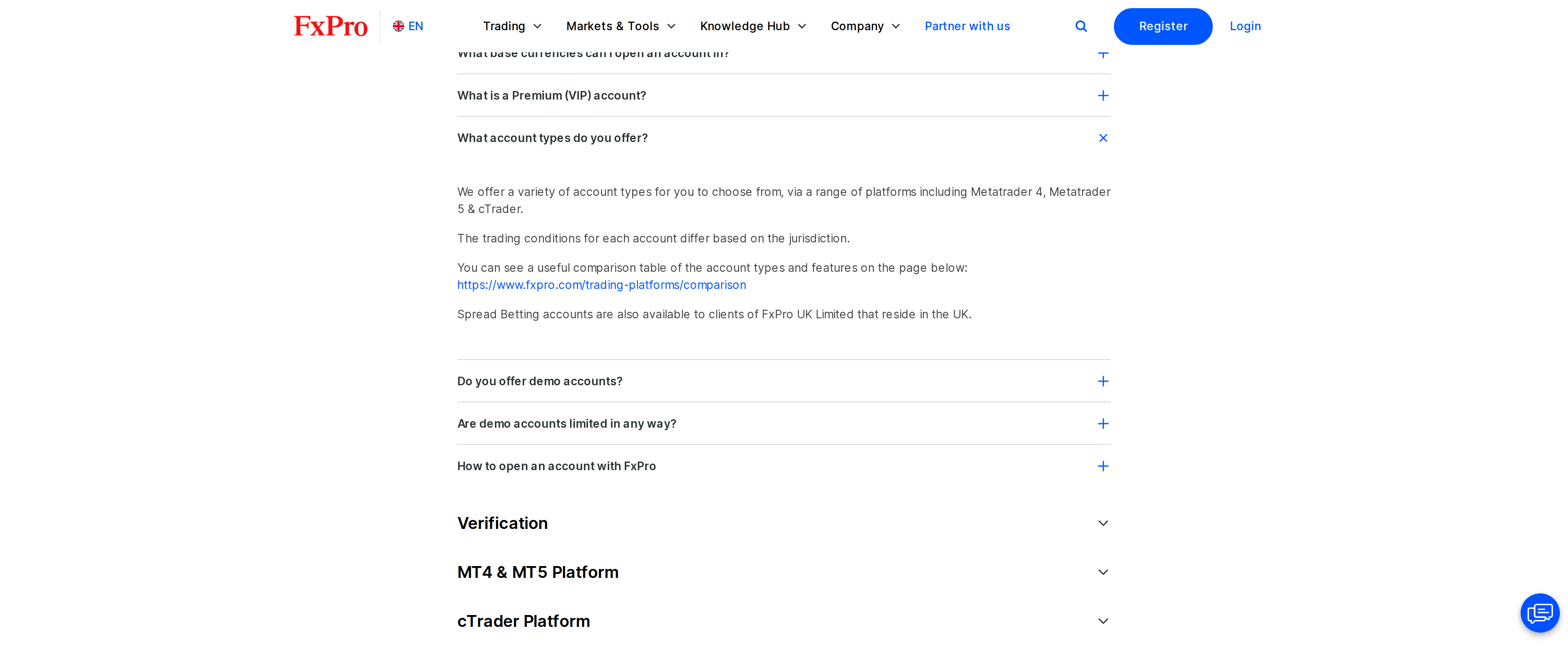 FxPro FAQ page answering What account types do you offer, listing MT4, MT5 and cTrader with a link to the platform comparison table