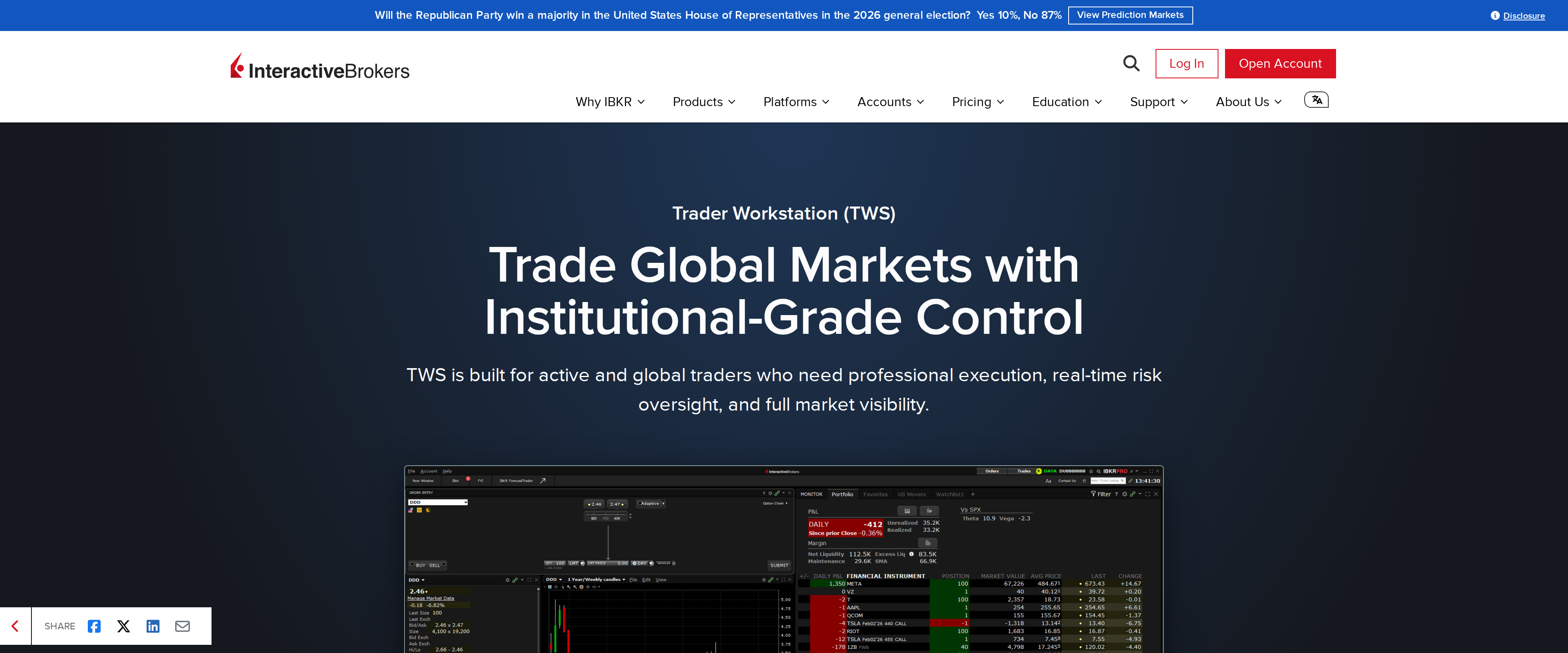 IBKR's Trader Workstation product page showing a screenshot of its multi-panel trading layout