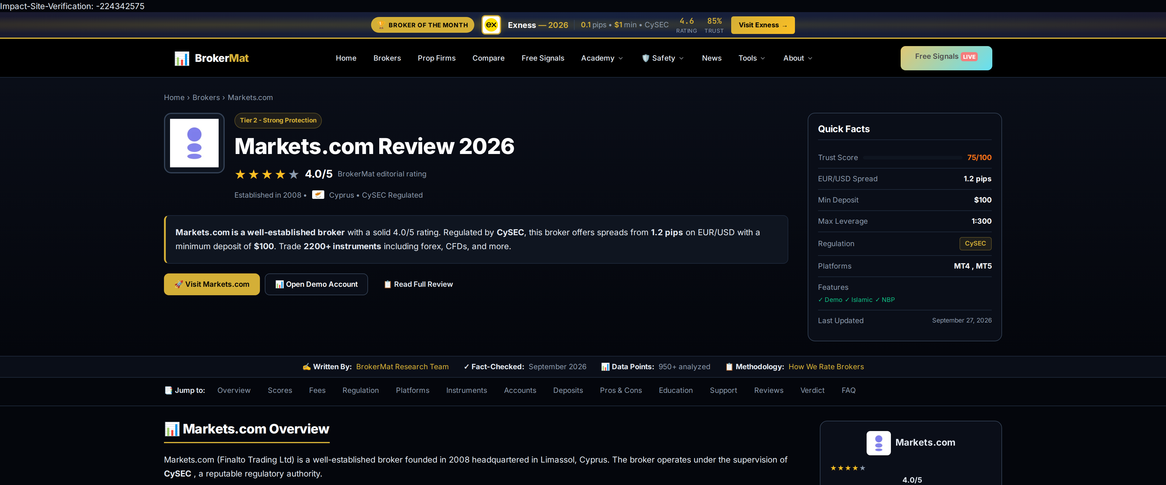 Third-party review page confirming markets.com is operated by Finalto Trading Ltd, founded in 2008 and headquartered in Limassol, Cyprus