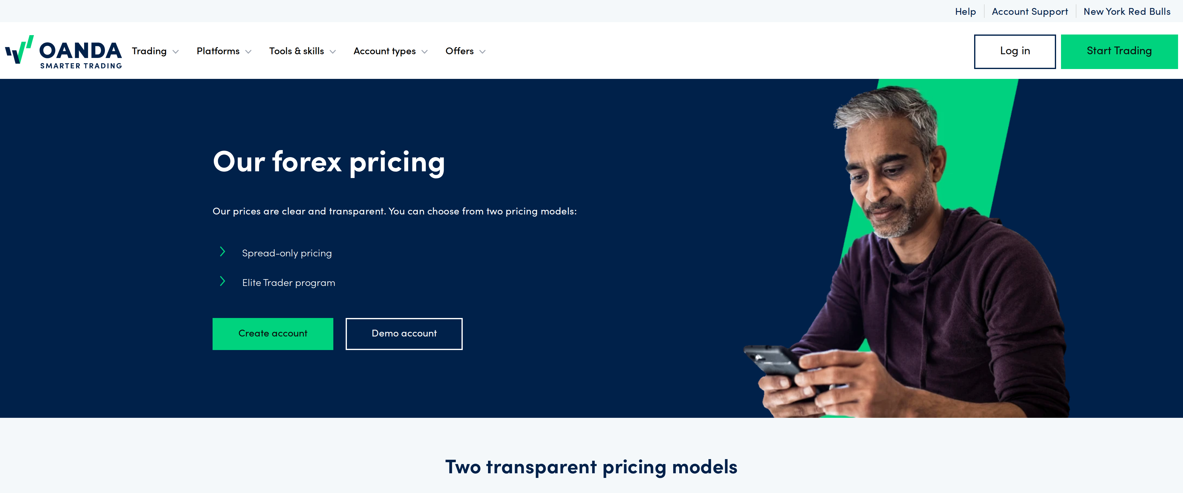 OANDA's pricing page laying out its two transparent pricing models, spread-only and commission based