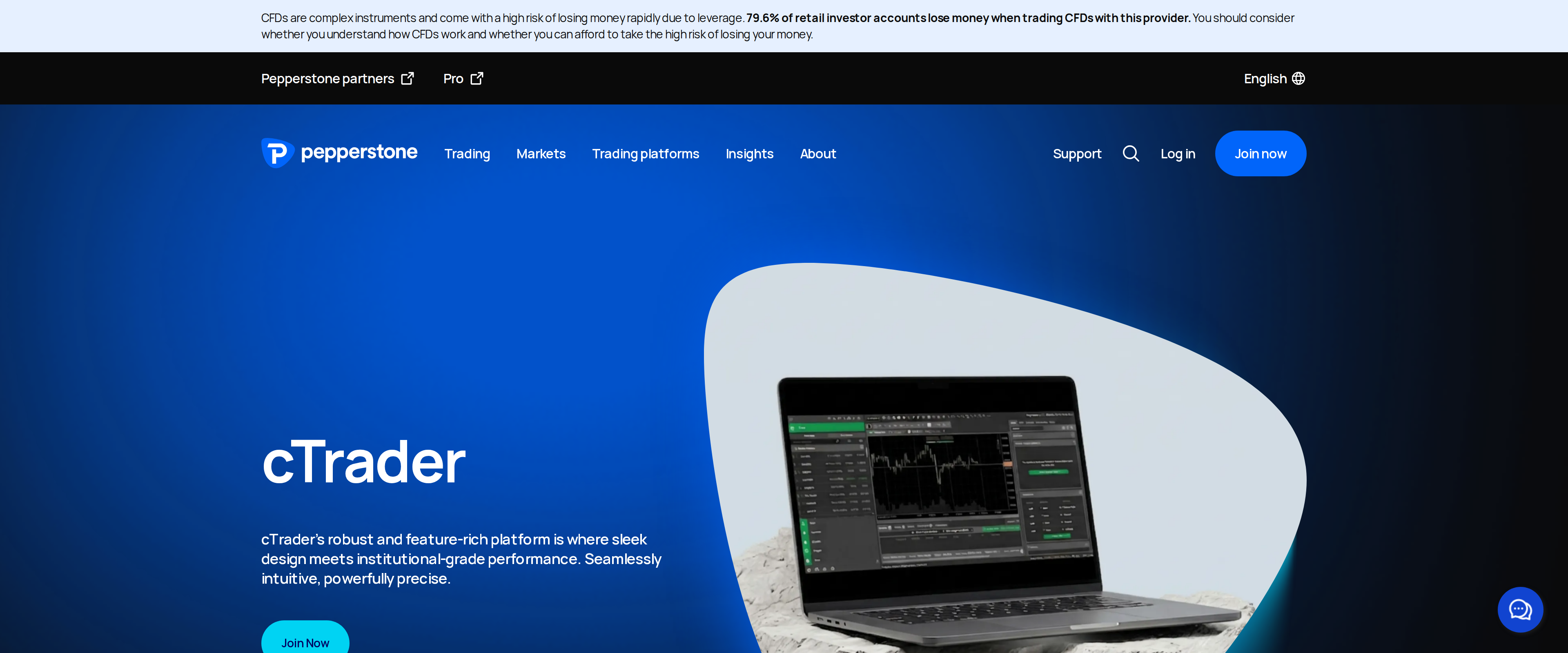 Pepperstone's cTrader page describing institutional-grade execution and algorithm building tools