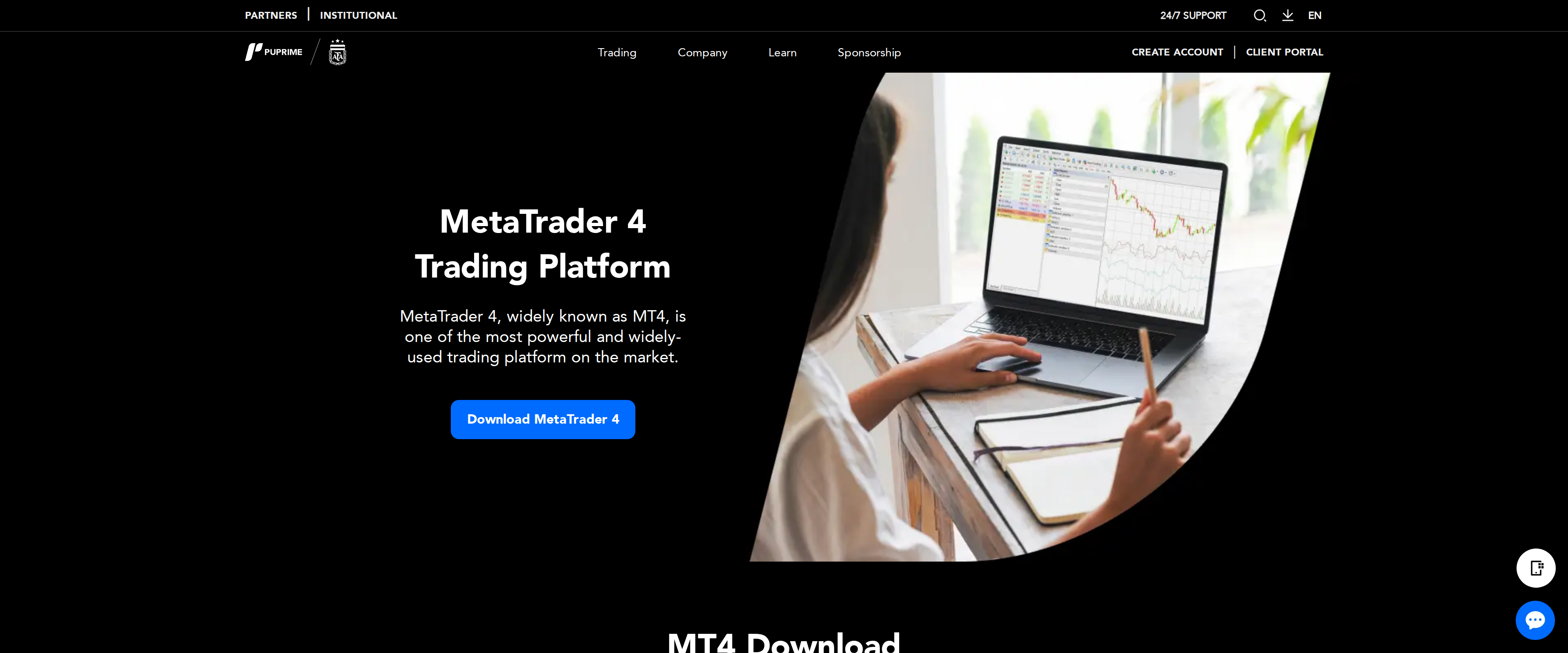 PU Prime MetaTrader 4 platform page headline reading MetaTrader 4 Trading Platform, with an MT4 Download section