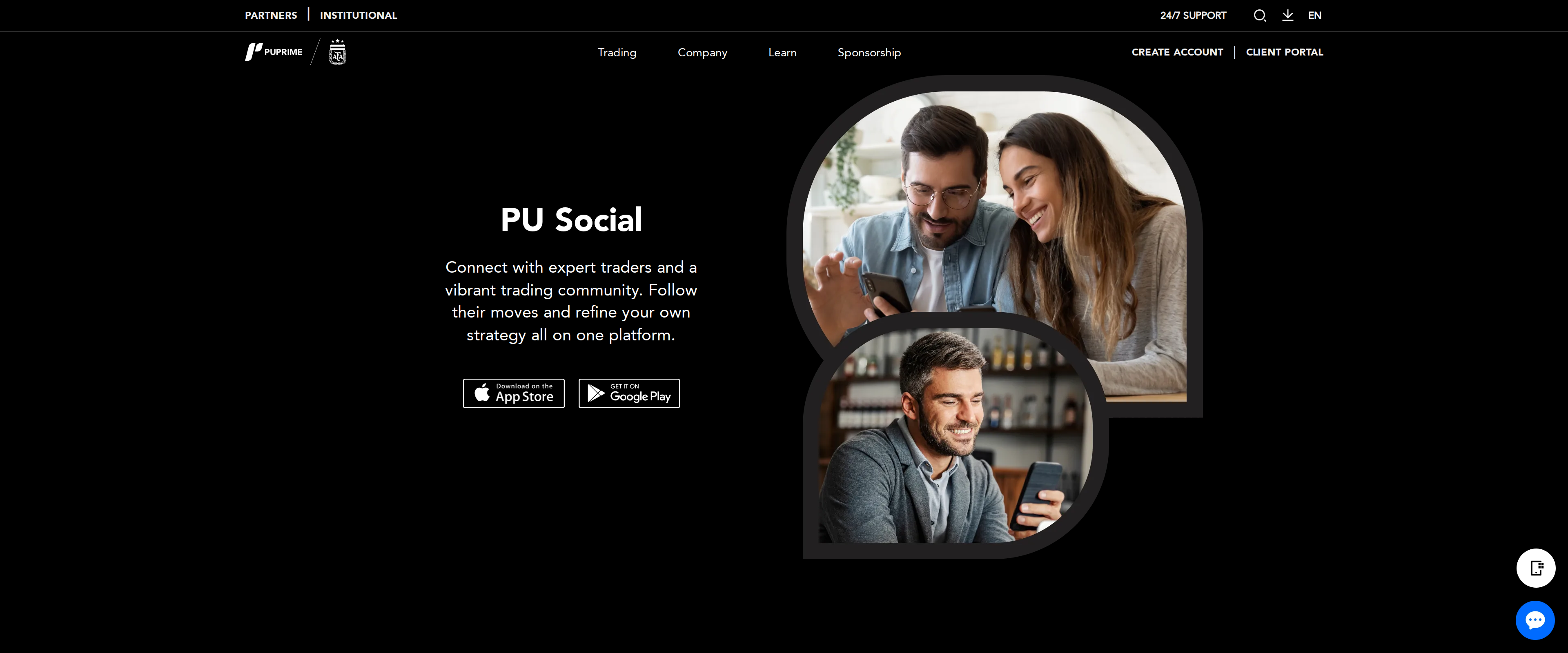 PU Social app page headline reading PU Social, describing connecting with expert traders and a vibrant trading community