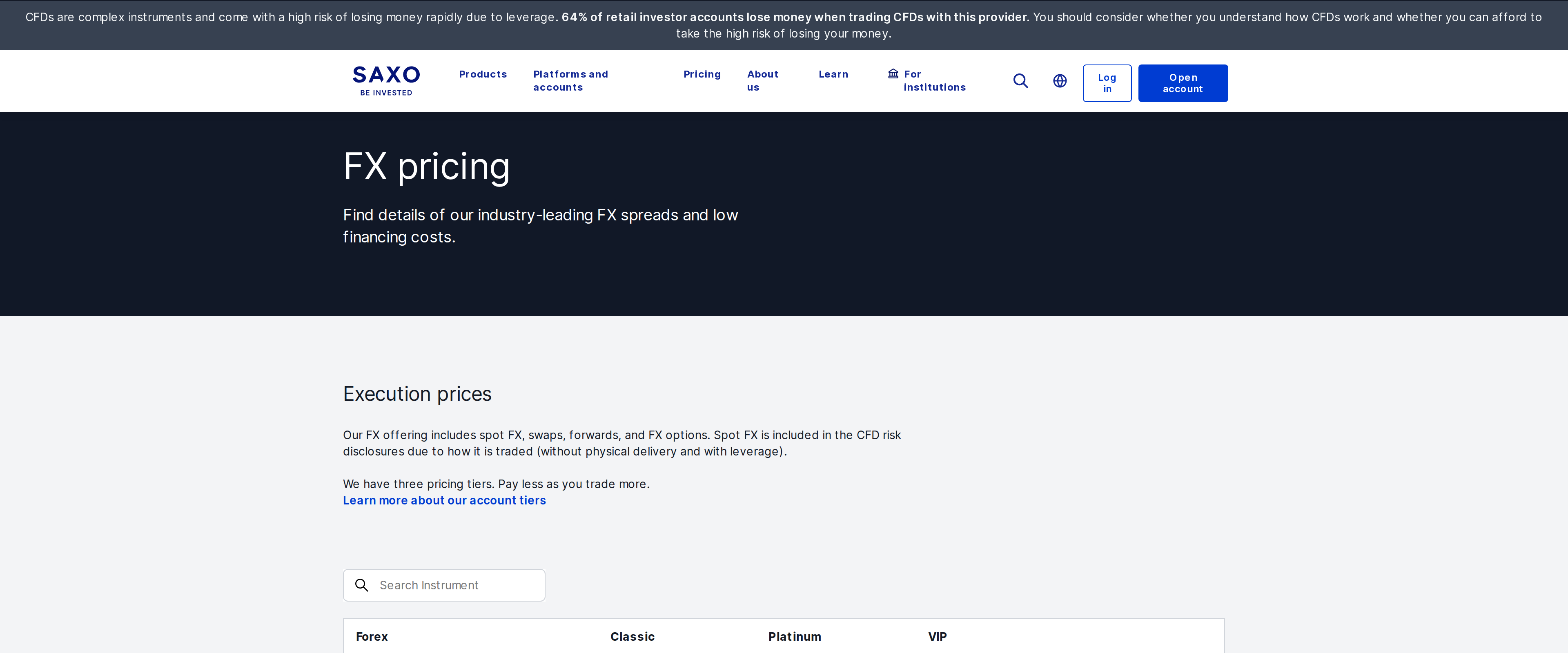 Saxo's official FX pricing page introducing its three-tier spread structure