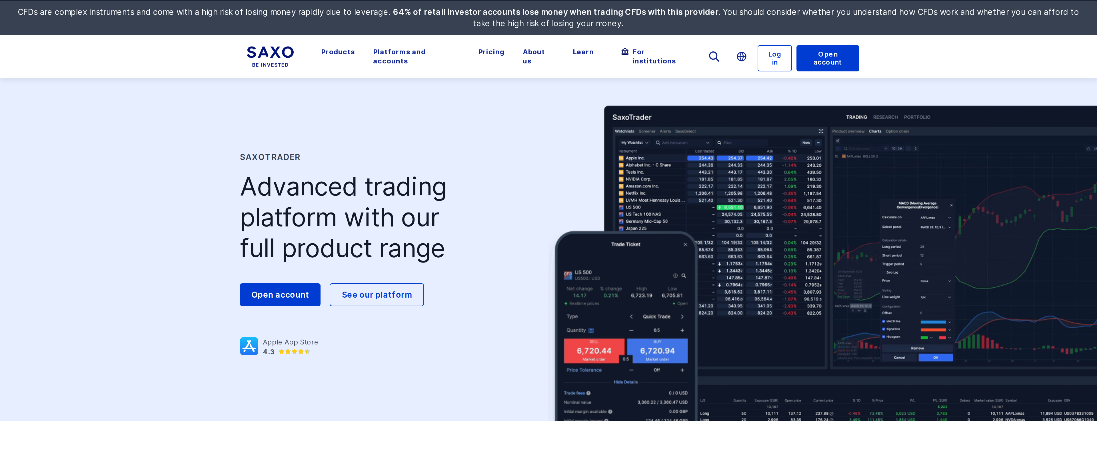 Saxo's SaxoTrader platform page describing an advanced trading platform with a full product range