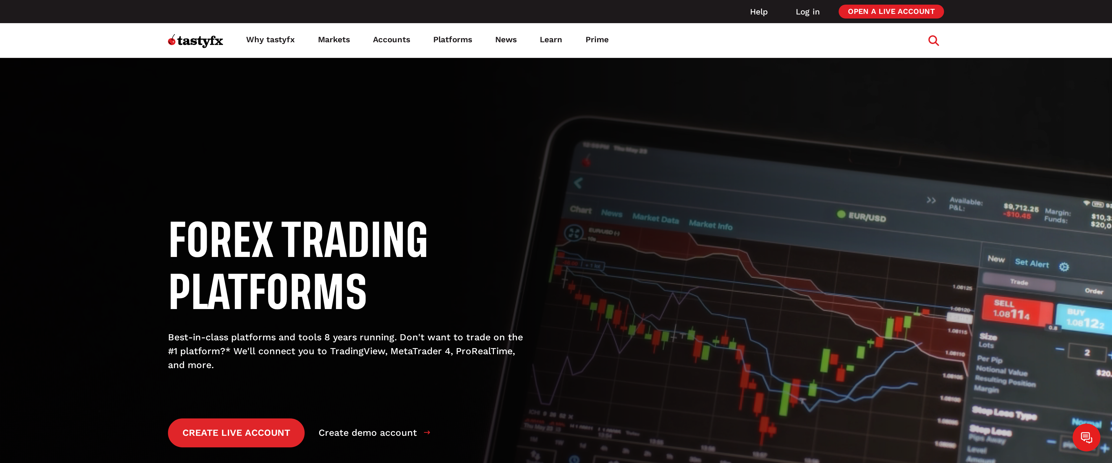 tastyfx platforms page listing TradingView, MetaTrader 4 and ProRealTime alongside its own web platform