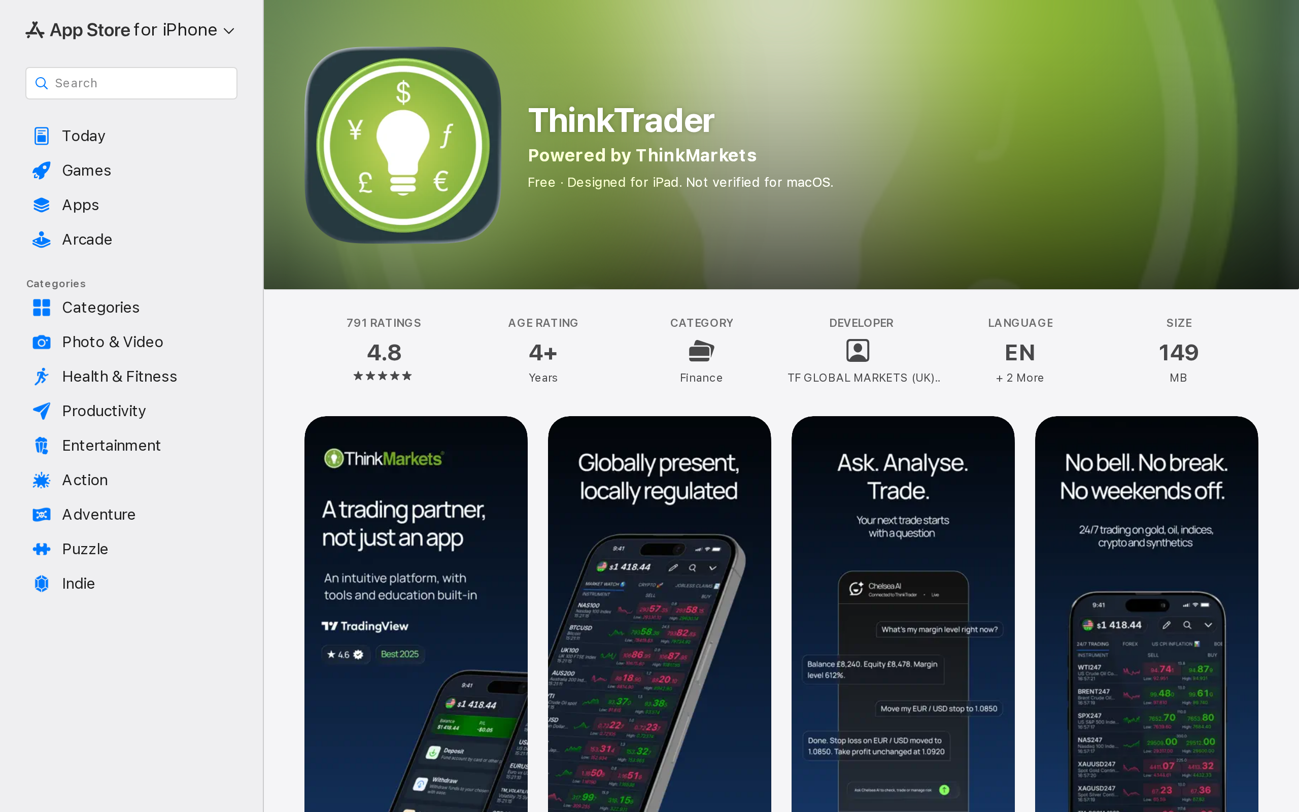 ThinkTrader listing on the Apple App Store showing the developer name TF Global Markets (UK) Limited