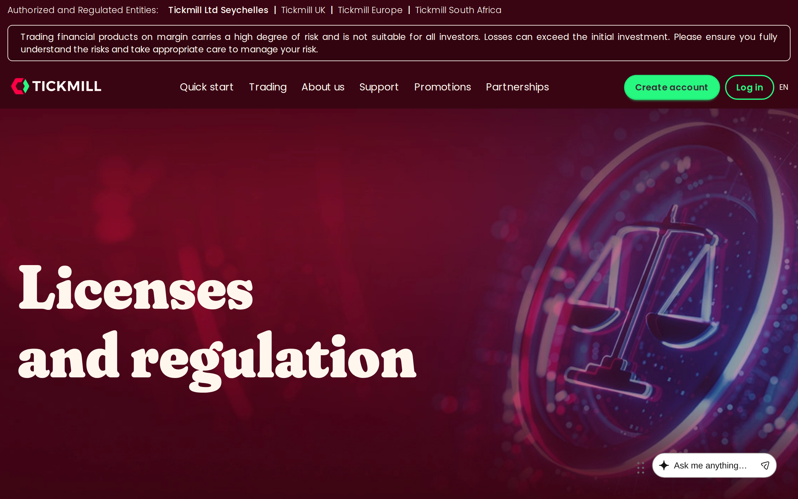 Licenses and regulation page listing Tickmill's authorized entities