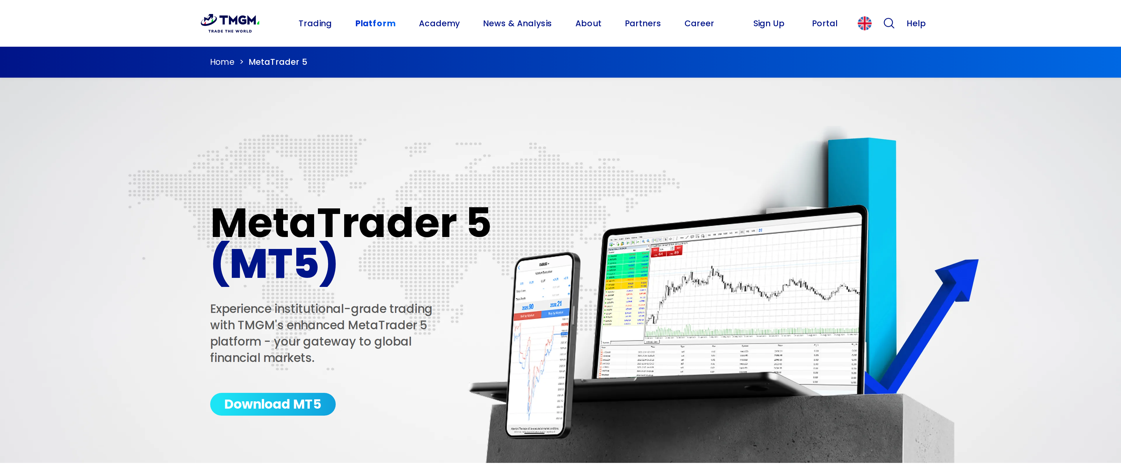 TMGM MetaTrader 5 platform page headline reading MetaTrader 5 (MT5), describing institutional-grade trading and a gateway to global financial markets