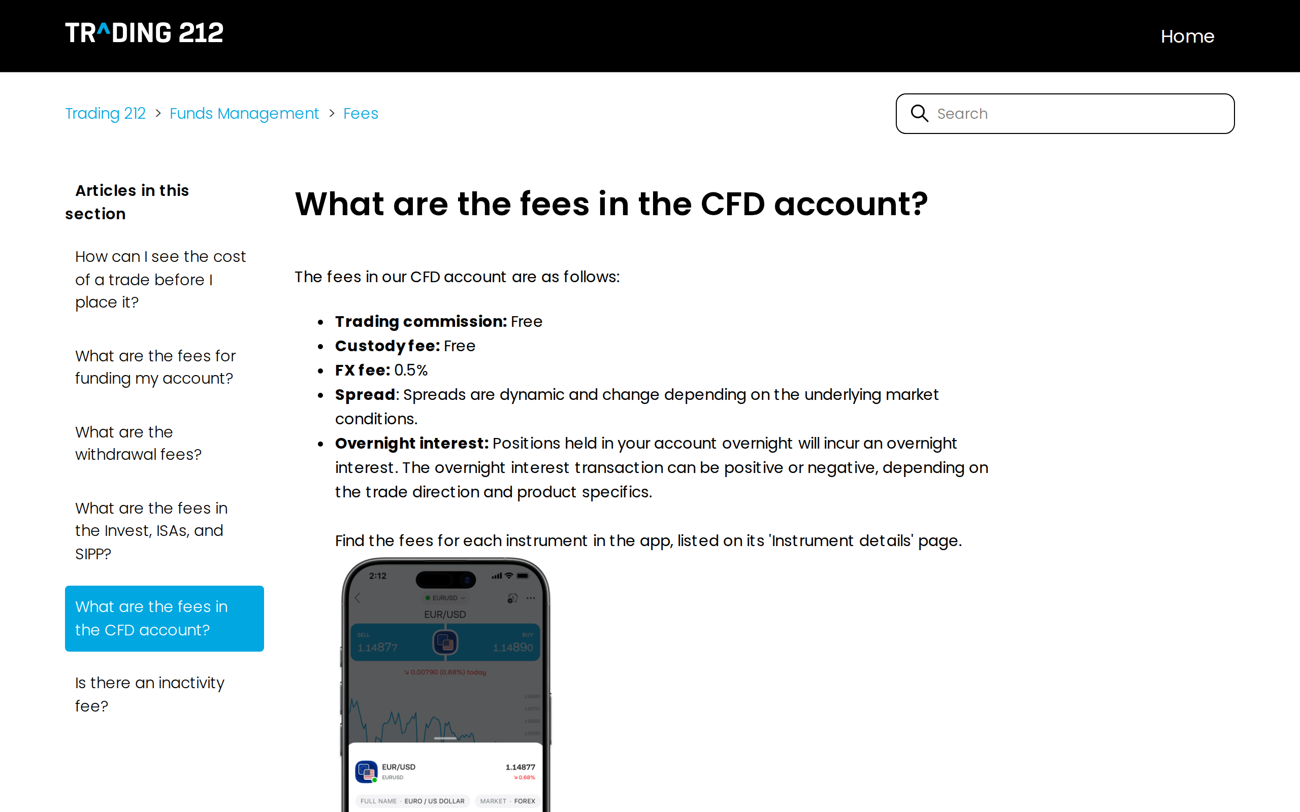 Trading 212 help centre article explaining the fees charged inside the CFD account