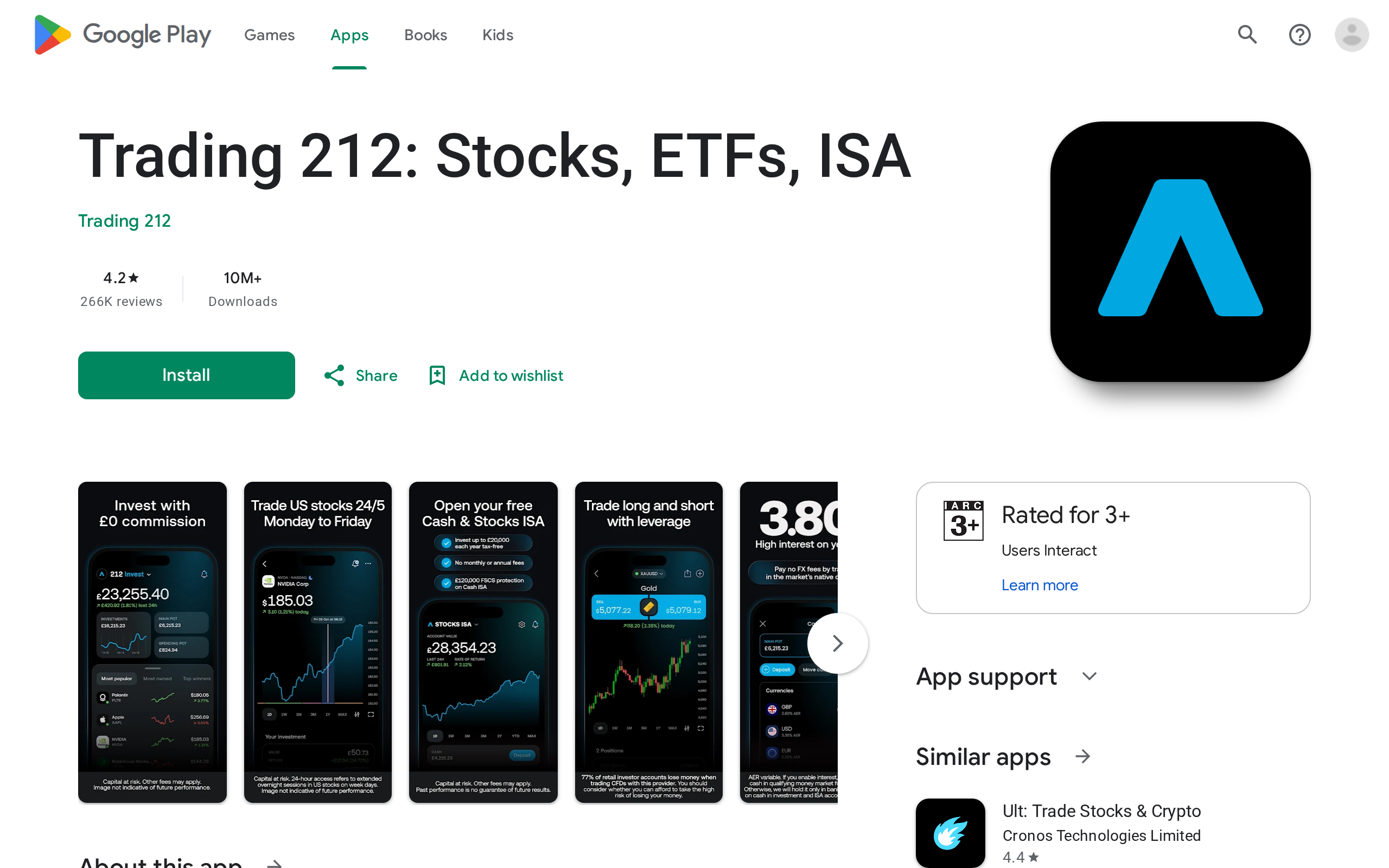 Trading 212 app listing on Google Play showing its icon and app screenshots