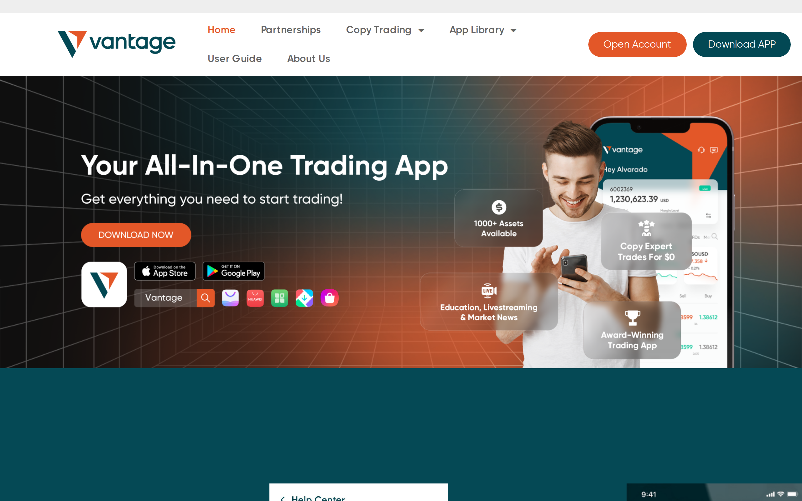 Vantage App homepage promoting itself as an all-in-one trading app with a phone showing a live account balance