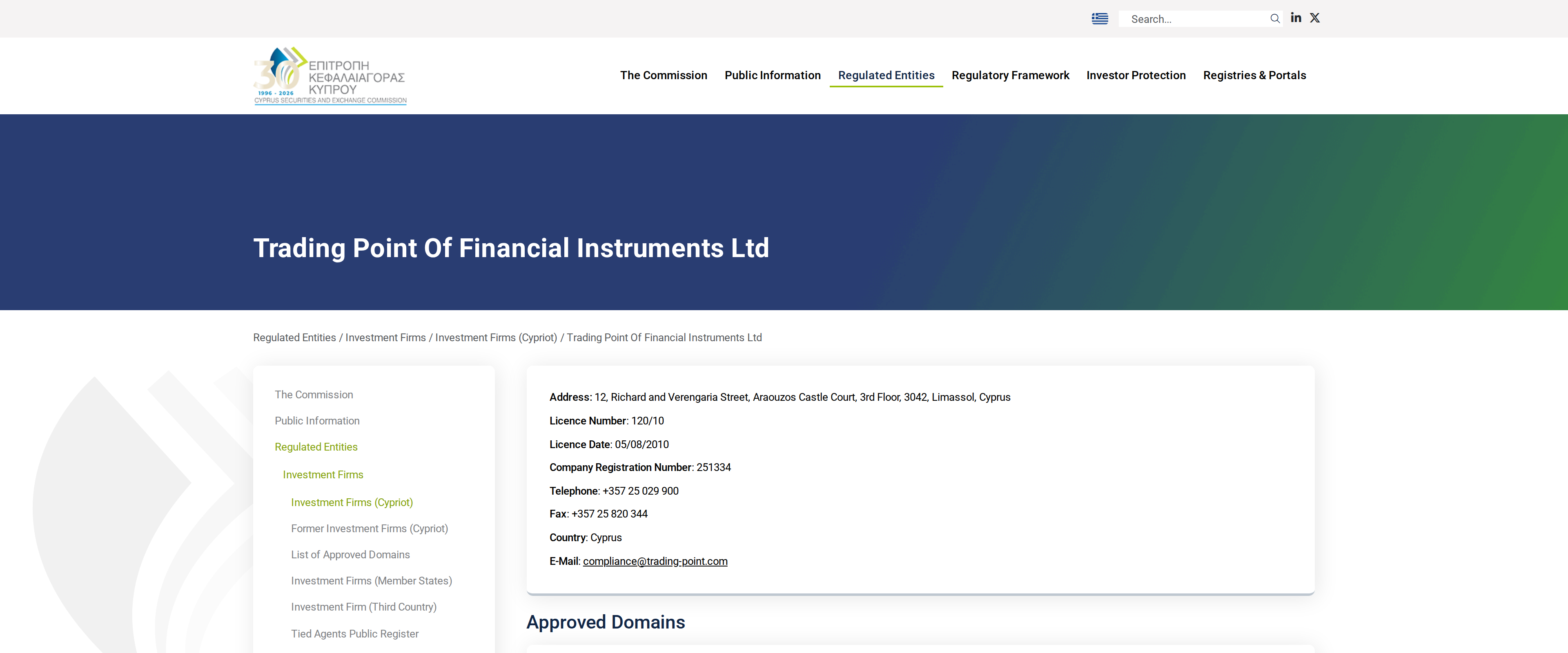 CySEC register entry for Trading Point of Financial Instruments Ltd listing approved domains